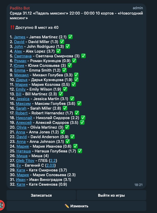 Интерфейс бота со списком участников игры и доступными местами